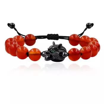 Браслет из бусин натурального красного агата Голова волка универсальное украшение