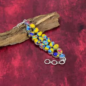 Браслет из цельного серебра 925 пробы с мозаикой из яшмы, браслет ручной работы с драгоценными камнями, подарки для жены, совершенно новый браслет Adjustable with 8 inches жёлтый