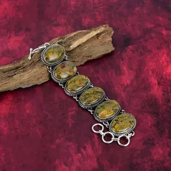 Браслет из цельного серебра 925 пробы с фруктовой яшмой и регулируемой цепочкой, браслет ручной работы с драгоценными камнями на День памяти Adjustable With 8 Inches жёлтый