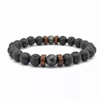 Браслет из черного лавового камня и деревянных бусин