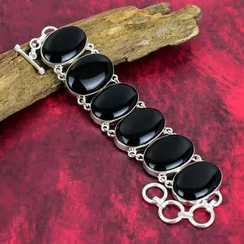 Браслет из черного оникса, очаровательный драгоценный камень оникс, стерлинговое серебро 925 пробы, натуральные украшения, регулируемые браслеты ручной работы для нее 8 Inches With Adjustable чёрный