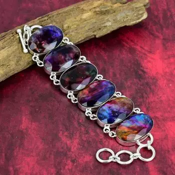 Браслет из чистого серебра 925 пробы с натуральным аммолитом и регулируемой цепочкой, ювелирный браслет ручной работы из драгоценных камней, для юбилейных украшений 8 Inches With Adjustable разноцветный