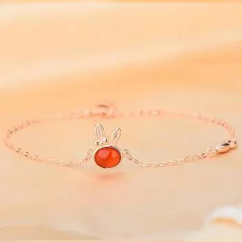 Браслет из чистого серебра с милым сердечком из кролика и красного агата S925 для девочек Adjustable size