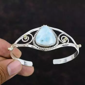 Браслет из драгоценного камня Ларимар, браслет из стерлингового серебра 925 пробы, браслет ручной работы, позолоченный 18 карат, регулируемый браслет-манжета, подарок для женщин, ювелирные изделия из ларимара