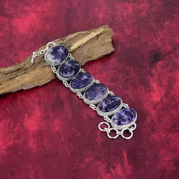 Браслет из драгоценного камня лепидолит, 925 пробы, регулируемый браслет-цепочка, старинные ювелирные изделия ручной работы, подарок для матери Adjustable with 8 inches синий