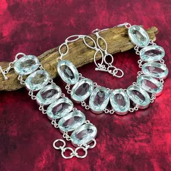 Браслет из драгоценного камня ожерелья с аквамарином, комплект ювелирных изделий из стерлингового серебра 925 пробы, ювелирные изделия ручной работы, серебряный браслет и ожерелья для подарка Adjustable With 8 -18 синий