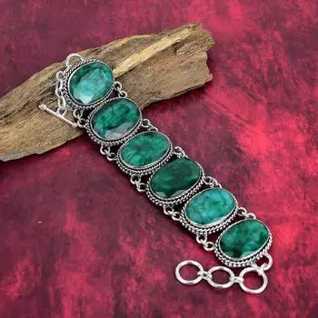 Браслет из драгоценных камней из замбийского изумруда, созданный в лаборатории, ювелирные изделия из стерлингового серебра 925 пробы, удивительный изумрудный браслет с ювелирными изделиями на цепочке, для женщин 8 Inches With Adjustable зелёный
