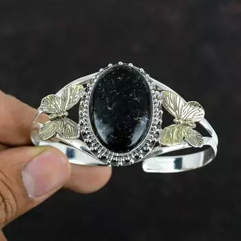 Браслет из драгоценных камней Nuummite, браслет-манжета из стерлингового серебра 925 пробы, регулируемый браслет, позолоченный браслет-манжета в виде бабочки, этнические украшения ручной работы