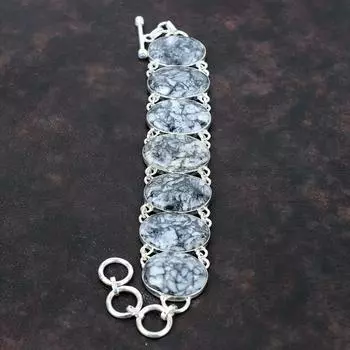 Браслет из драгоценных камней Pinolith Jasper Браслет ручной работы Браслет из стерлингового серебра 925 пробы Регулируемый браслет-цепочка Подарок на годовщину Дизайнерские украшения Adjustable