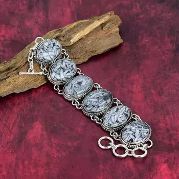 Браслет из драгоценных камней Pinolith Элегантный браслет, Ювелирные изделия из стерлингового серебра 925 пробы, Регулируемый браслет-цепочка Серебряные украшения ручной работы Подарок для друга 8 Inches With Adjustable серый