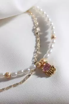 Браслет из двух частей с жемчугом и золотой цепочкой в виде медузы с розовым камнем