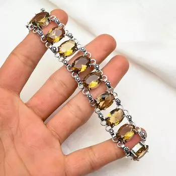 Браслет из дымчатого топаза, ювелирные изделия из драгоценных камней ручной работы, браслет из стерлингового серебра 925 пробы, регулируемый браслет-цепочка, подарок для мамы, изящный браслет 8 inches with Adjustable жёлтый