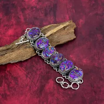 Браслет из фиолетовой меди и бирюзы, ювелирные изделия из стерлингового серебра 925 пробы, регулируемый браслет-цепочка с драгоценными камнями, подарок для нее, изящные ювелирные изделия ручной работы Adjustable with 8 inches фиолетовый