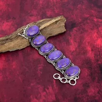 Браслет из фиолетовой меди и бирюзы, ювелирные изделия из стерлингового серебра 925 пробы, регулируемый браслет-цепочка с драгоценными камнями, подарок для нее, изящные ювелирные изделия ручной работы Adjustable With 8 Inches фиолетовый