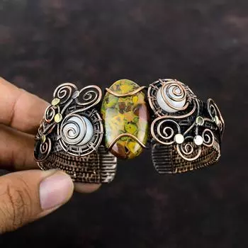 Браслет из фруктовой яшмы с драгоценными камнями, медная проволока, манжета, браслет из радужного лунного камня, регулируемый браслет-манжета, медные украшения ручной работы, подарок для нее