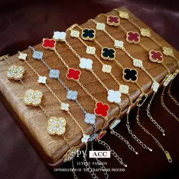 Браслет из гальванического циркония с четырьмя листочками и маленькими травяными цветами, нишевый легкий браслет класса люкс, браслет класса люкс