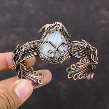 Браслет из голубого кружевного агата, браслет-манжета из медной проволоки с драгоценными камнями, ювелирные изделия ручной работы, регулируемый браслет-манжета, подарок для мамы, ювелирные изделия из медной проволоки