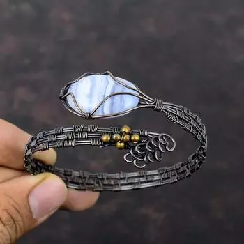 Браслет из голубого кружевного агата, медная проволока, обернутая драгоценными камнями, браслет-манжета, ручная работа, медные украшения, регулируемый браслет, подарок для мамы, уникальные проволочные украшения