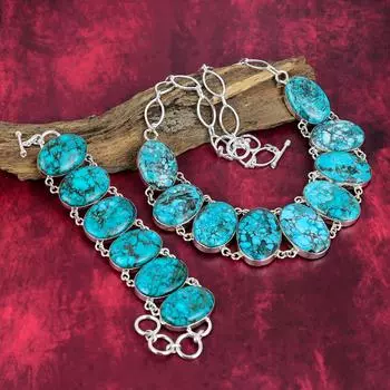 Браслет из голубой бирюзы, браслет и ожерелье из цельного серебра 925 пробы, комплект украшений ручной работы с драгоценными камнями в подарок для любимого человека Adjustable With 8 -18 синий
