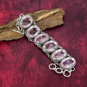 Браслет из граненого розового кунцита, ювелирные изделия из стерлингового серебра 925 пробы, браслет ручной работы, регулируемый браслет-цепочка для женщин 8 Inches With Adjustable розовый