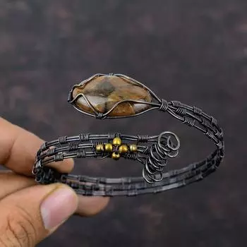 Браслет из хиастолита, браслет-манжета с медной проволокой, регулируемый браслет для подарка, ювелирные изделия ручной работы из медной проволоки, оригинальные браслеты с драгоценными камнями