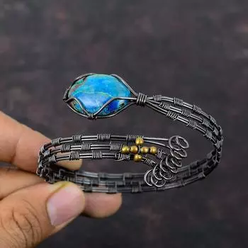 Браслет из хризоколлы, браслет-манжета из медной проволоки, регулируемый браслет, этнический браслет ручной работы, драгоценный камень, медная проволока, ювелирный браслет для подарка