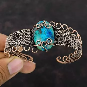 Браслет из хризоколлы Медная проволока Браслет-манжета Регулируемый браслет Дизайнерский браслет ручной работы Медная проволока Ювелирные изделия Браслет из драгоценного камня Для подарка
