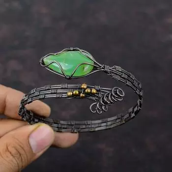 Браслет из хризопраза, обмотанный медной проволокой, регулируемый браслет-манжета, ювелирное изделие ручной работы, подарок для нее, ювелирное изделие из медной проволоки с драгоценными камнями