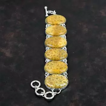 Браслет из ископаемого коралла Браслет из натурального драгоценного камня Браслет из стерлингового серебра 925 пробы Регулируемый браслет-цепочка Изящный ювелирный подарок ручной работы для жены Adjustable