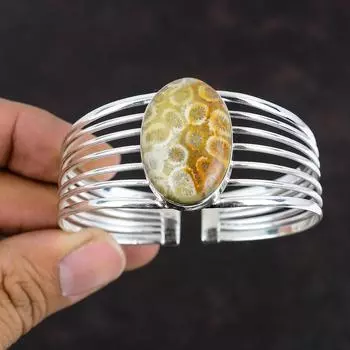 Браслет из ископаемого коралла, регулируемый браслет-манжета, серебряный браслет 925 пробы, ювелирные изделия ручной работы, очень красивый браслет-манжета с драгоценными камнями, подарки для матери