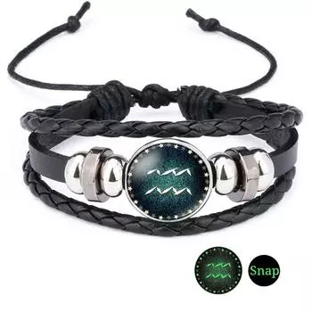 Браслет из искусственного драгоценного камня «Двенадцать созвездий» ;Браслет из бисера и искусственной кожи с плетением в виде 12 созвездий Aq чёрный