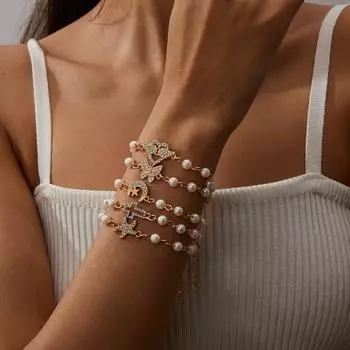 Браслет из искусственного жемчуга цвета розового золота с крестом, 8 символов, круглый полый для девочек