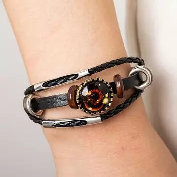 Браслет из искусственной кожи с бусинами в виде знака зодиака, трехслойный, регулируемый