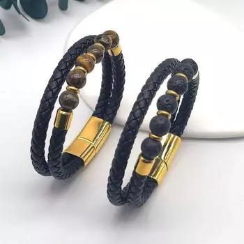 Браслет из камня тигровый глаз, браслет из вулканического камня, нержавеющая сталь, ретро-мужские украшения