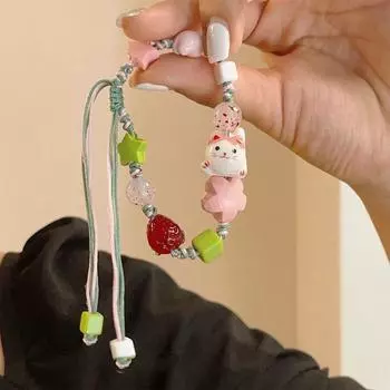 Браслет из керамики ручной работы с кошкой в корейском стиле, браслет из бусин с кошкой, ретро браслет Манеки-неко, женский розовый