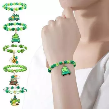 Браслет из клевера. День Святого Патрика Ирландские бисерные украшения со стеклянными бусинами и подвесками Браслет-талисман на удачу для праздничного эластичного браслета с клевером A