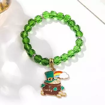 Браслет из клевера. День Святого Патрика Ирландские бисерные украшения со стеклянными бусинами и подвесками Браслет-талисман на удачу для праздничного эластичного браслета с клевером E