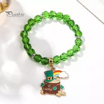 Браслет из клевера. День Святого Патрика Ирландские бисерные украшения со стеклянными бусинами и подвесками Браслет-талисман на удачу для праздничных торжеств Эластичный клевер A