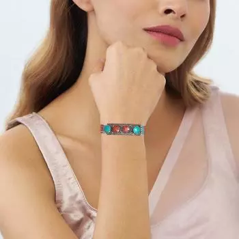 Браслет из кораллово-серебристо-красного тибетского драгоценного камня с непальской бирюзой, ручная работа