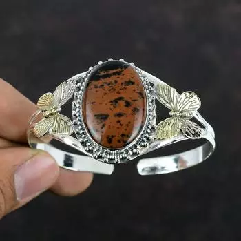 Браслет из красного дерева и обсидиана, браслет-манжета из стерлингового серебра 925 пробы, регулируемый браслет, позолоченный браслет 18 карат, драгоценные камни, уникальный браслет-бабочка