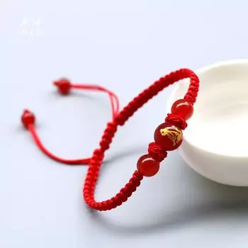 Браслет из красной веревки с зодиакальным животным года Дракона, красная несущая лента года животного, Дракон, Кролик, Бык, Овца, Собака, плетеная вручную красная несущая лента, подарок 16cm Dog [round beads] red rope zodiac bracelet