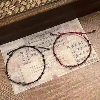 Браслет из красной веревки в старинном стиле в стиле ретро-китайского искусства с бусинами - дизайн ручной работы для пар peace buckle красный