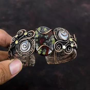 Браслет из кровавого камня дракона, манжета с драгоценным камнем, Радужный браслет из лунного камня, медная проволока, браслет-манжета, браслет ручной работы, регулируемый браслет, медные ювелирные изделия