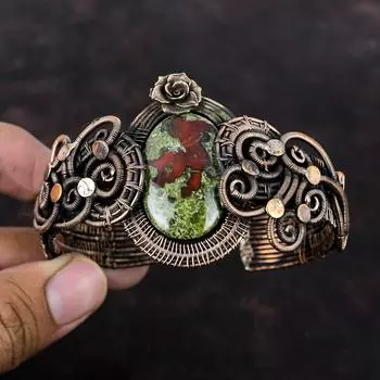 Браслет из кровавого камня дракона Медная проволока Обернутый браслет Драгоценный камень Браслет-манжета Регулируемый браслет Медные украшения Для подарка Цветочный браслет ручной работы