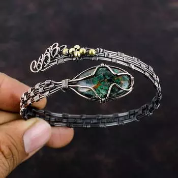 Браслет из куприта и хризоколлы, медная проволока, браслет-манжета, ювелирные изделия из драгоценных камней, регулируемый браслет, подарок для нее, ювелирные изделия ручной работы, медный браслет