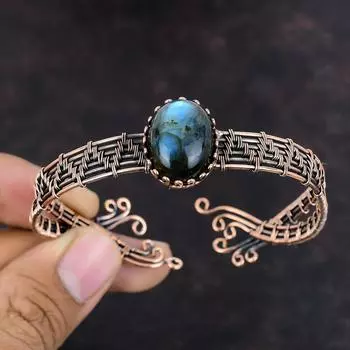 Браслет из лабрадорита, браслет-манжета из медной проволоки, ювелирные изделия из лабрадорита, регулируемый браслет, браслет-манжета из драгоценных камней, браслет ручной работы для подарка