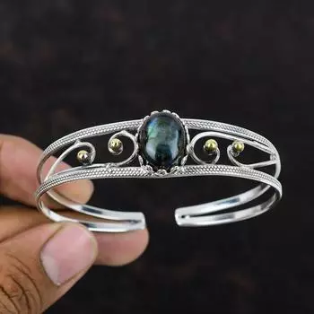 Браслет из лабрадорита, браслет-манжета с драгоценным камнем, браслет из стерлингового серебра 925 пробы, позолоченный браслет 18 карат, регулируемый браслет-манжета, ювелирное изделие ручной работы, подарок для нее Adjustable