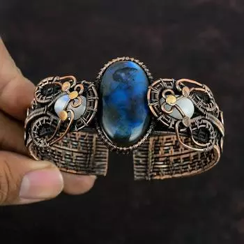 Браслет из лабрадорита, медная проволока, браслет-манжета, регулируемый браслет, браслет ручной работы из драгоценных камней, радужная лунная бижутерия, подарок на годовщину