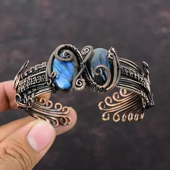 Браслет из лабрадорита, медная проволока, регулируемый браслет-манжета, браслет ручной работы, ювелирные изделия из проволоки, драгоценный камень, браслет-манжета, медные украшения для подарка