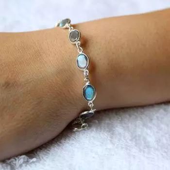 Браслет из лабрадорита, натуральный ограненный лабрадорит, браслет из стерлингового серебра, длина 8 дюймов, изящный браслет, браслет из драгоценных камней, серебро 925 пробы 14.05mm-22.33mm синий